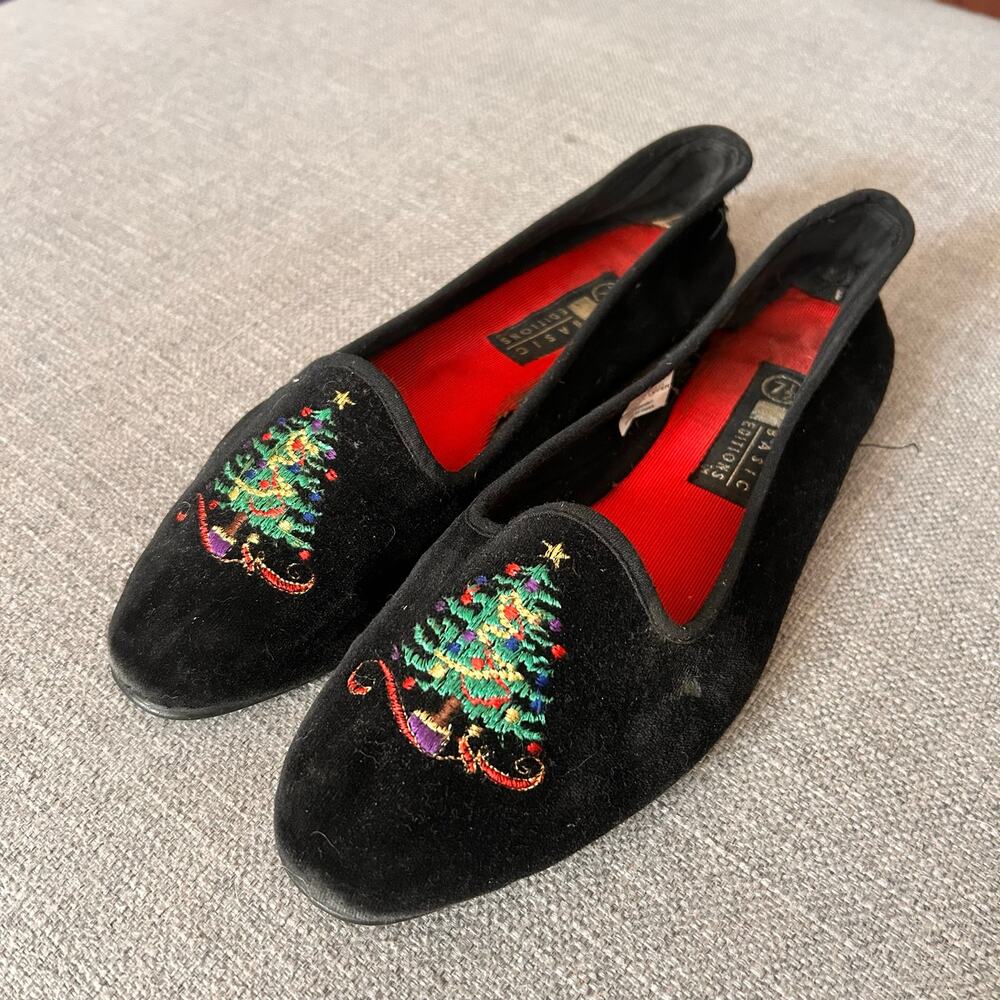VTG Christmas Tree Embroidered Black Velvet Smoking Slippers Loafers Womens 7.5